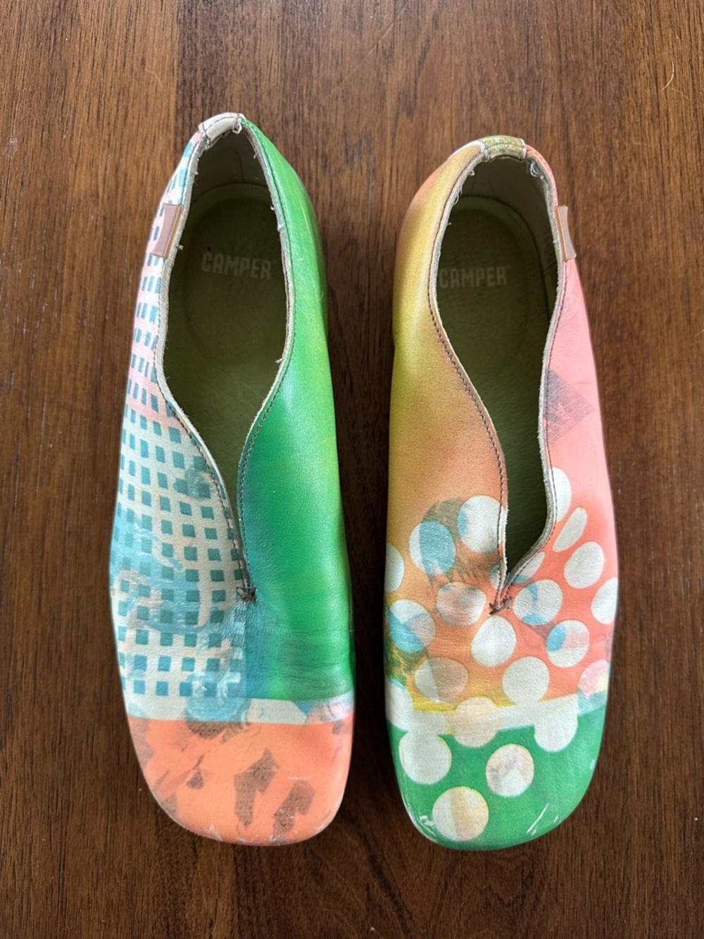 Camper RARE! Twins Multicolor Green Pink Orange Pattern Slip-On Flats - Vintage